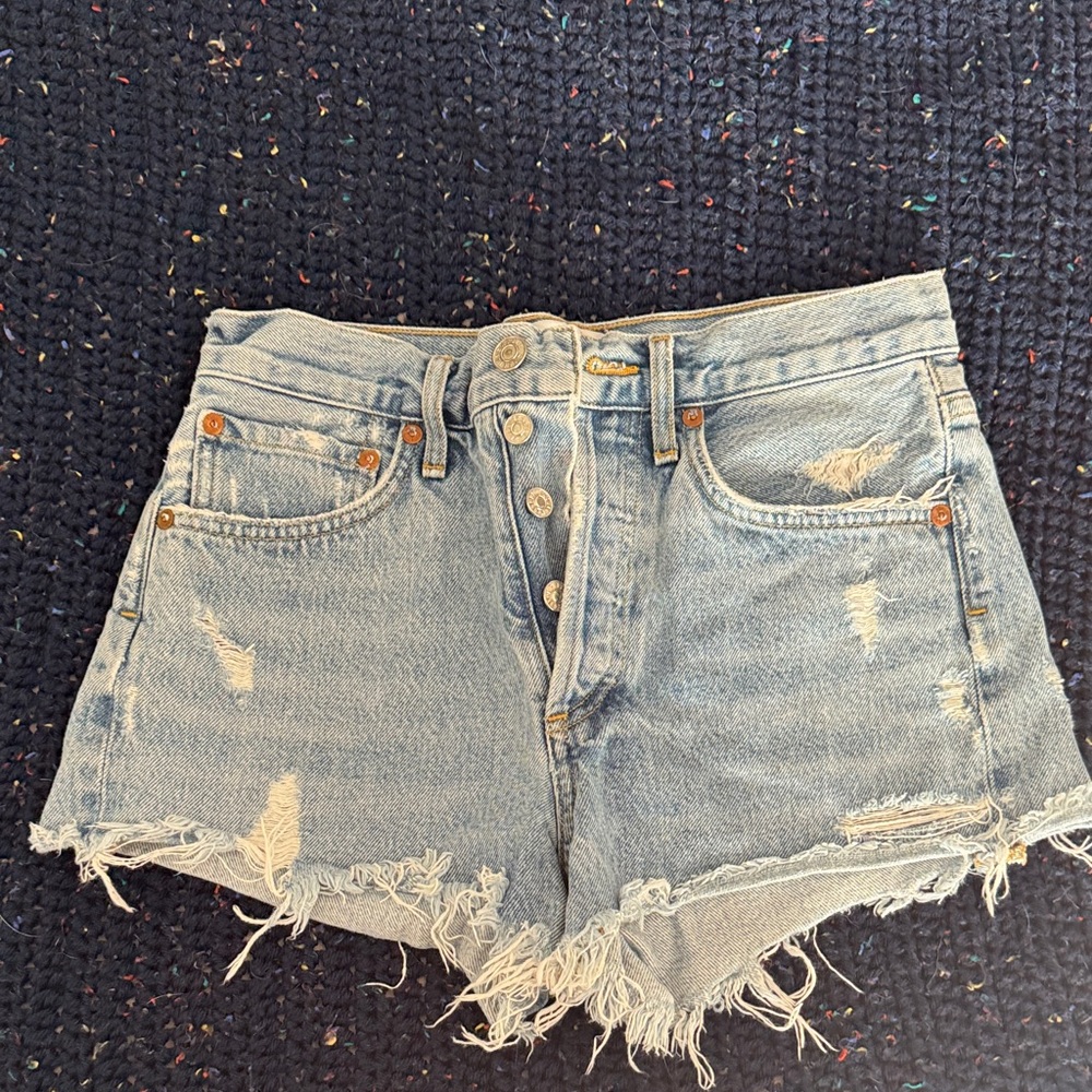 Agolde Frayed Hem Light Blue Jean Shorts
